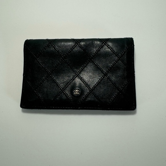 100% Authentic CHANEL Calf Skin Bifold Wallet Black CC Compact Coin Stitched - Picture 1 of 14